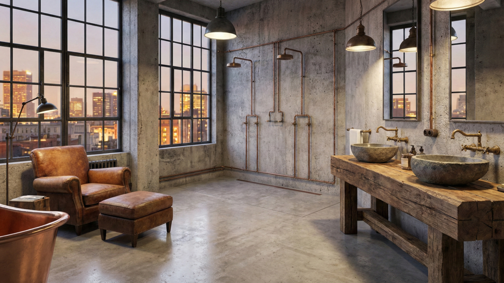 Łazienka premium, styl Industrial Loft Luxe (Surowy beton, miedź, wielkie okna)