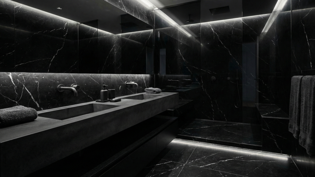 Łazienka premium, styl Modern Dark & Moody (Męski, elegancki, ciemny kamień)