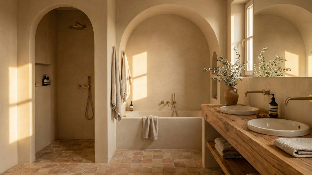 Łazienka premiu, styl Modern Mediterranean Retreat (Ciepłe tynki, łuki, terakota)