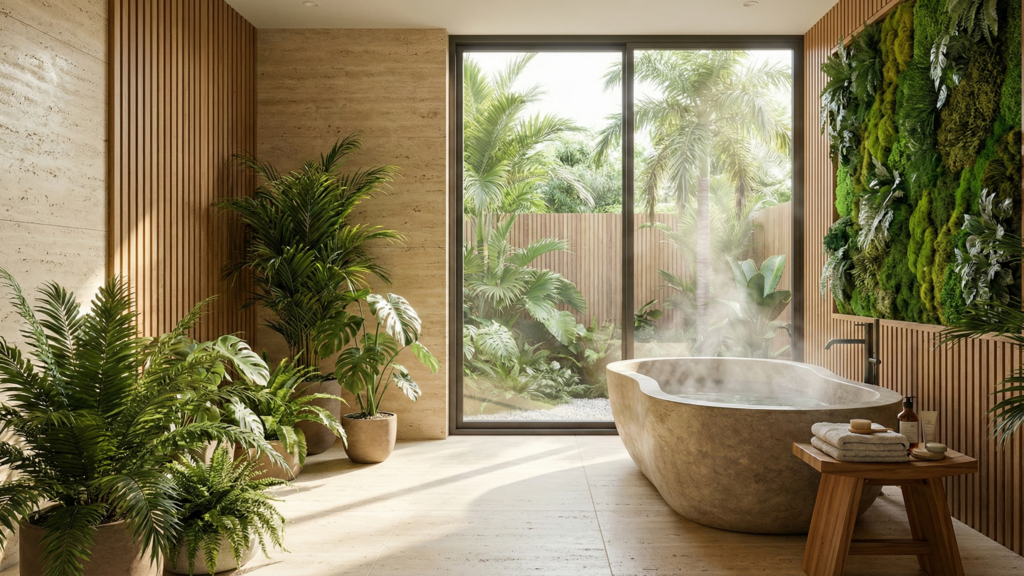 Łazienka premium, styl Organic Biophilic Spa (Natura, rośliny, kamień rasta)